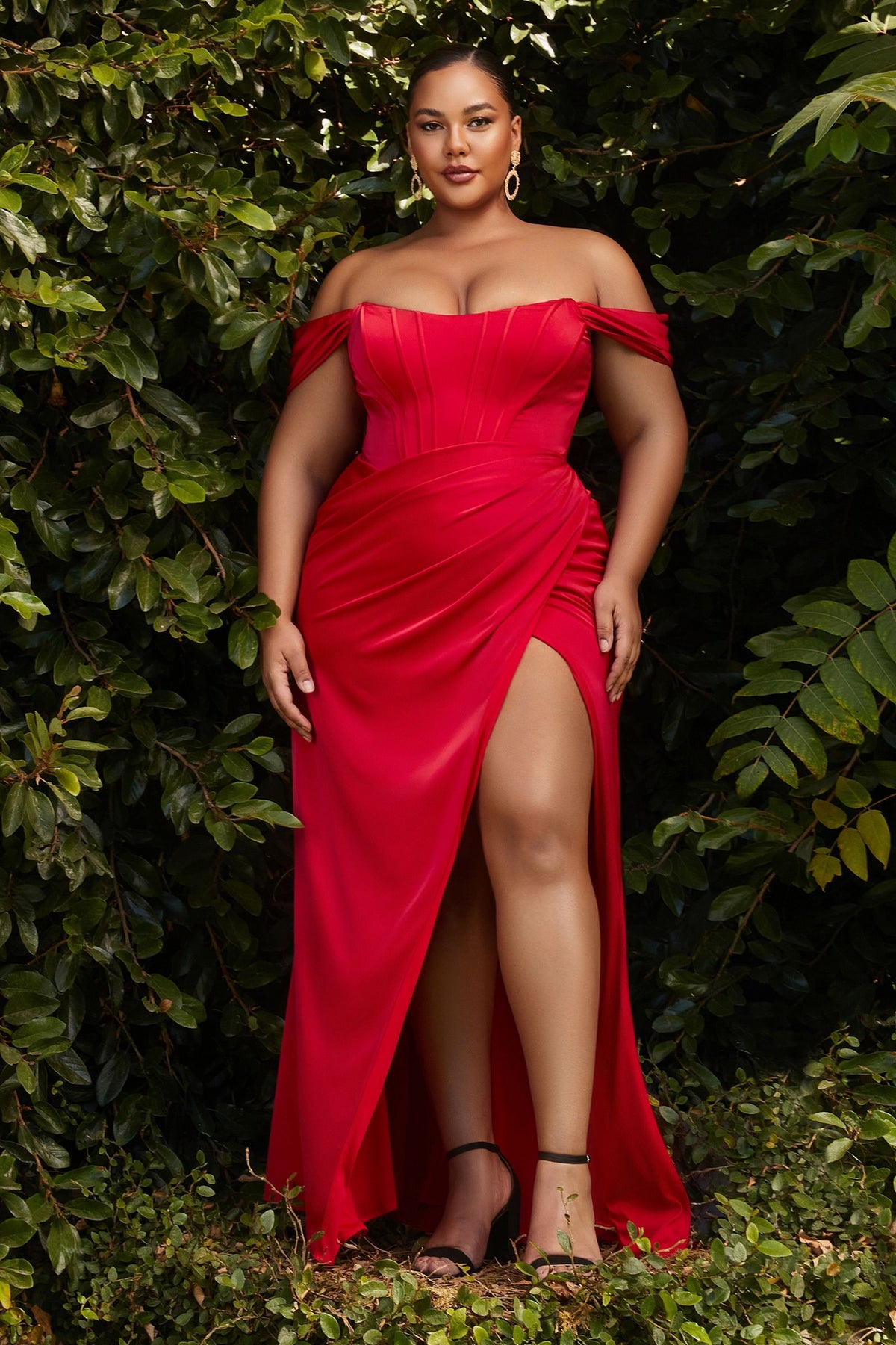 Cinderella Divine 7484C Plus Size Off Shoulder Slit Leg Corset Dress