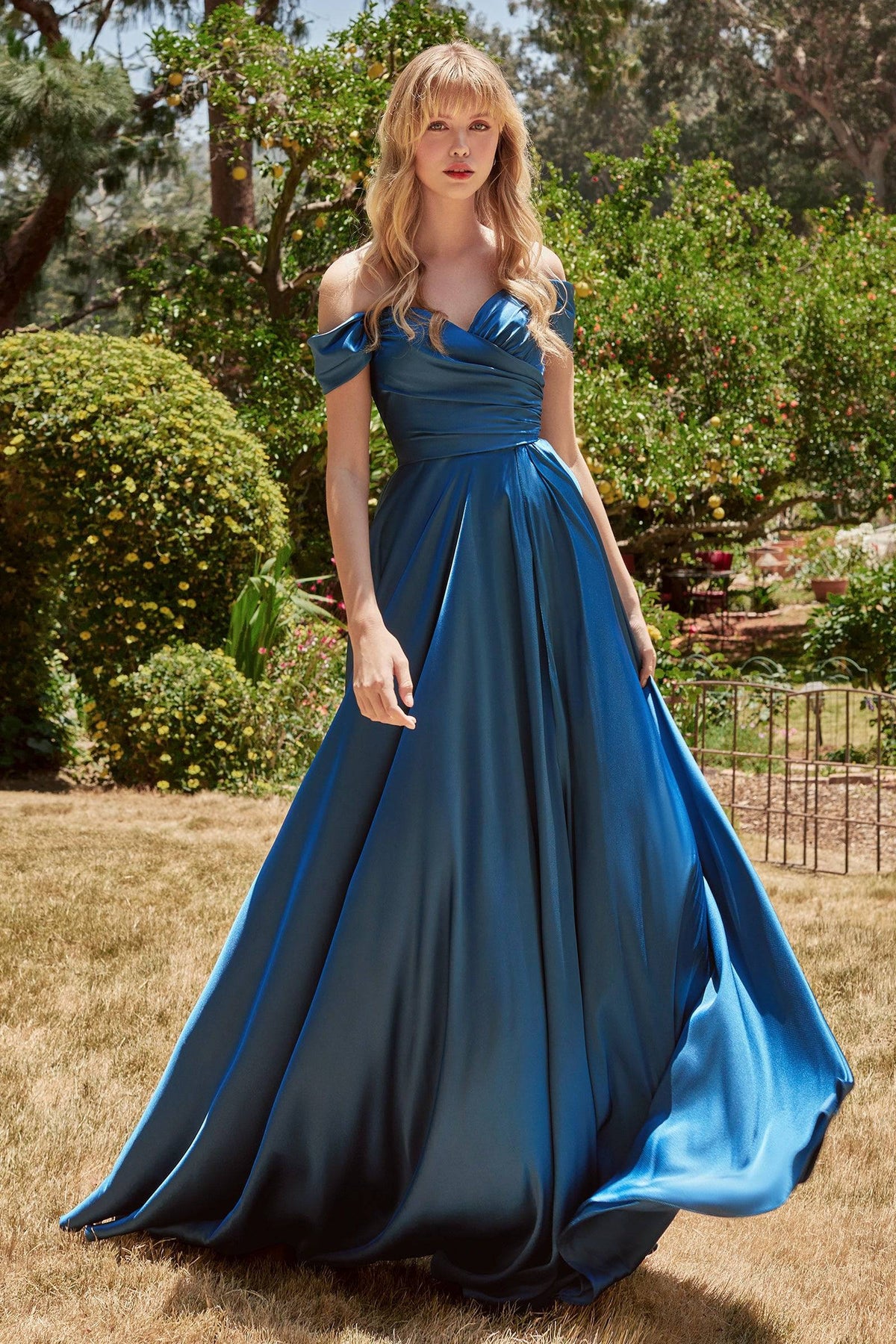 Cinderella Divine 7493 Satin Off Shoulder Wrap Style Dress - NORMA REED