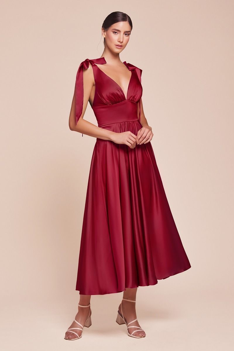 Ladivine 7499 Tea Length A Line Soft Satin Dress - NORMA REED