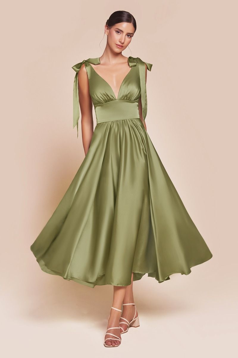 Ladivine 7499 Tea Length A Line Soft Satin Dress - NORMA REED