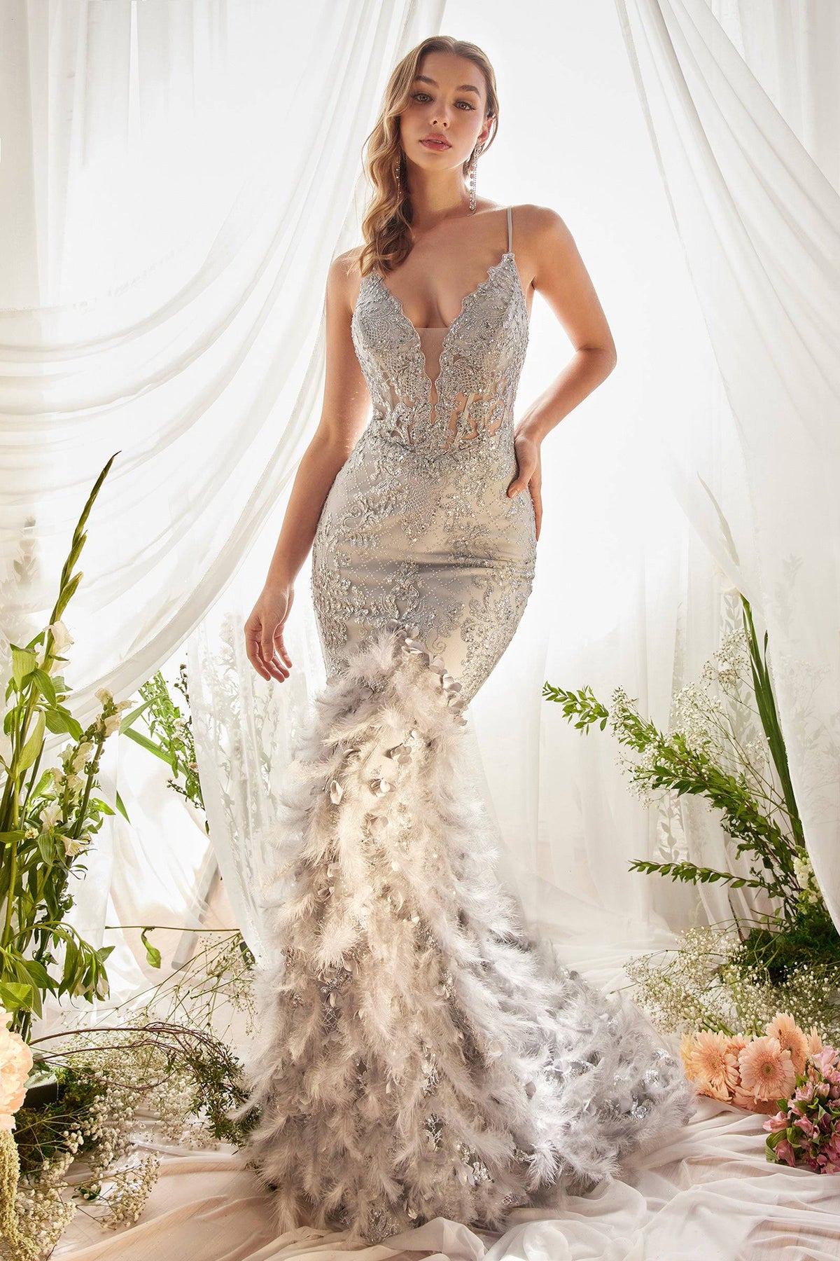 Andrea & Leo A1116 Sparkling Feathered Mermaid Corset Gown - NORMA REED