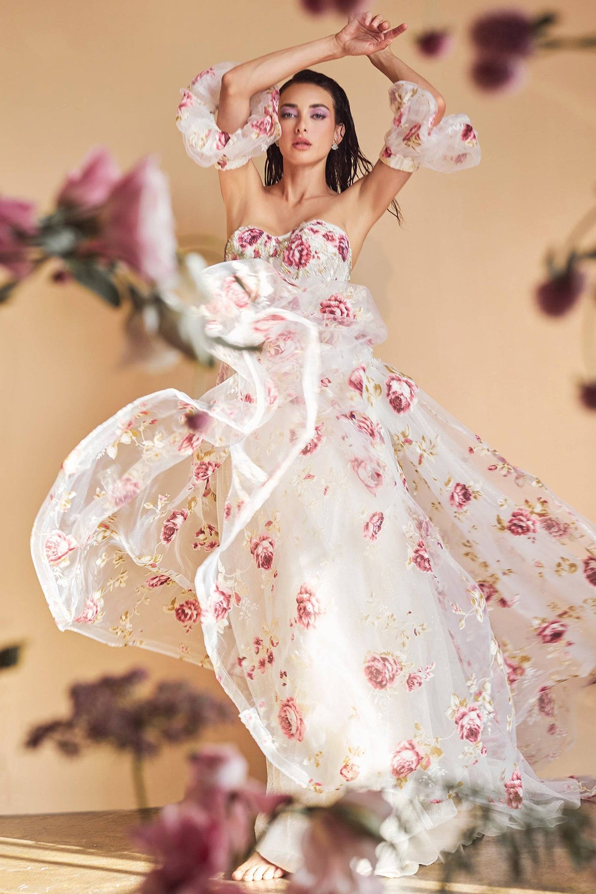 Andrea & Leo A1133 Strapless Organza Peony Print Ball Gown - NORMA REED