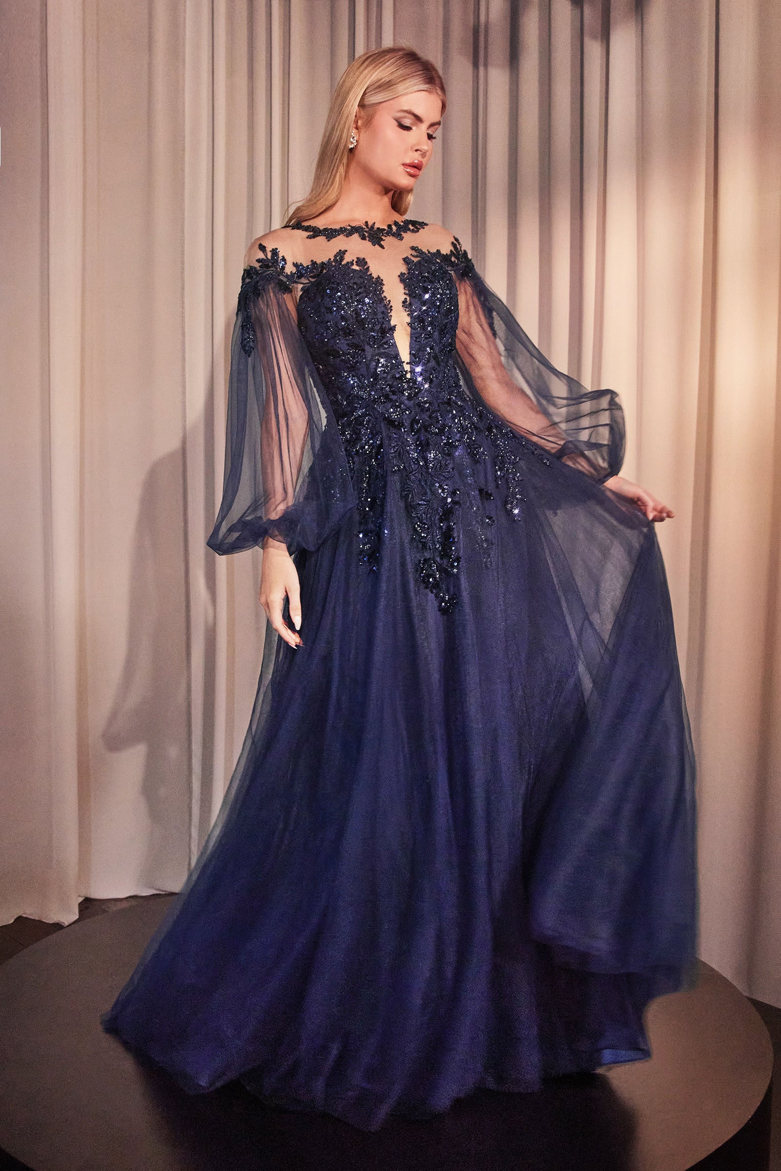 Blue long gown with sleeves best sale