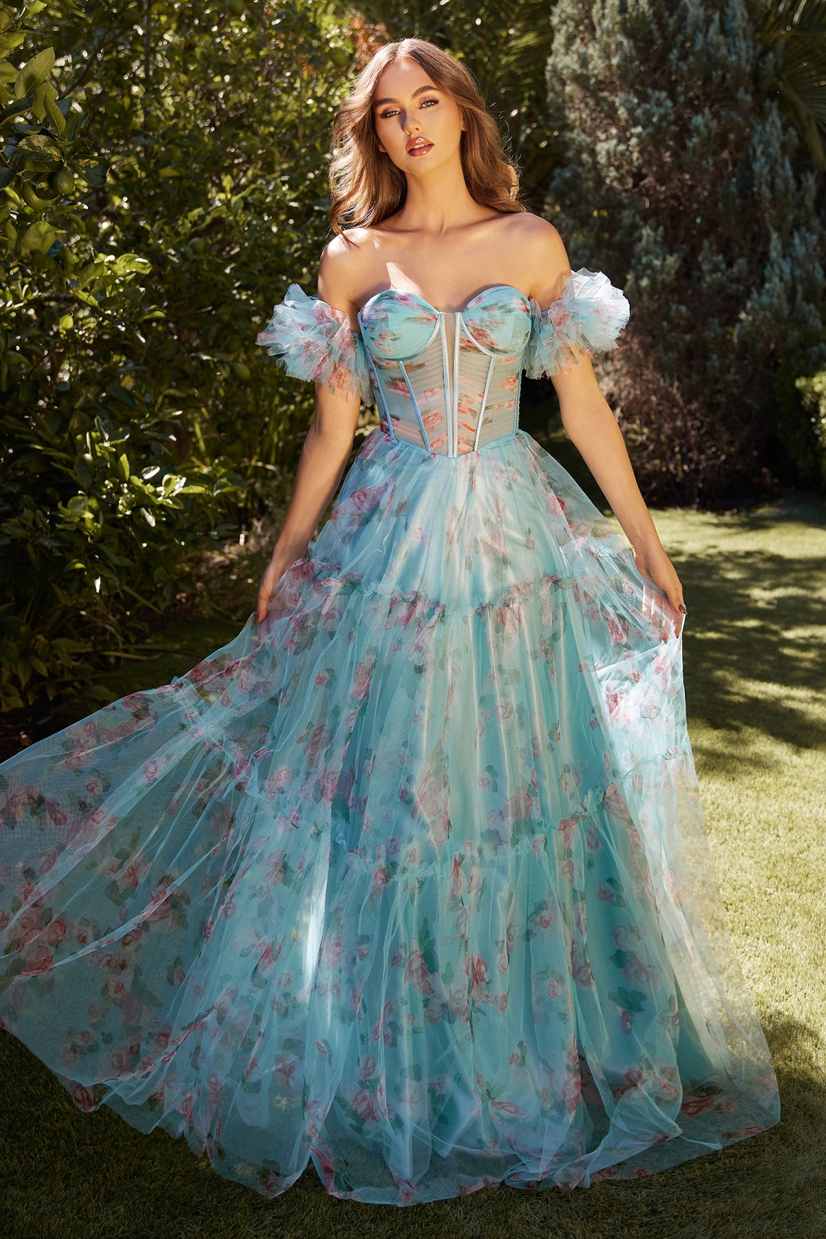 Andrea & Leo A1285 Blue Floral Printed Ball Gown - NORMA REED