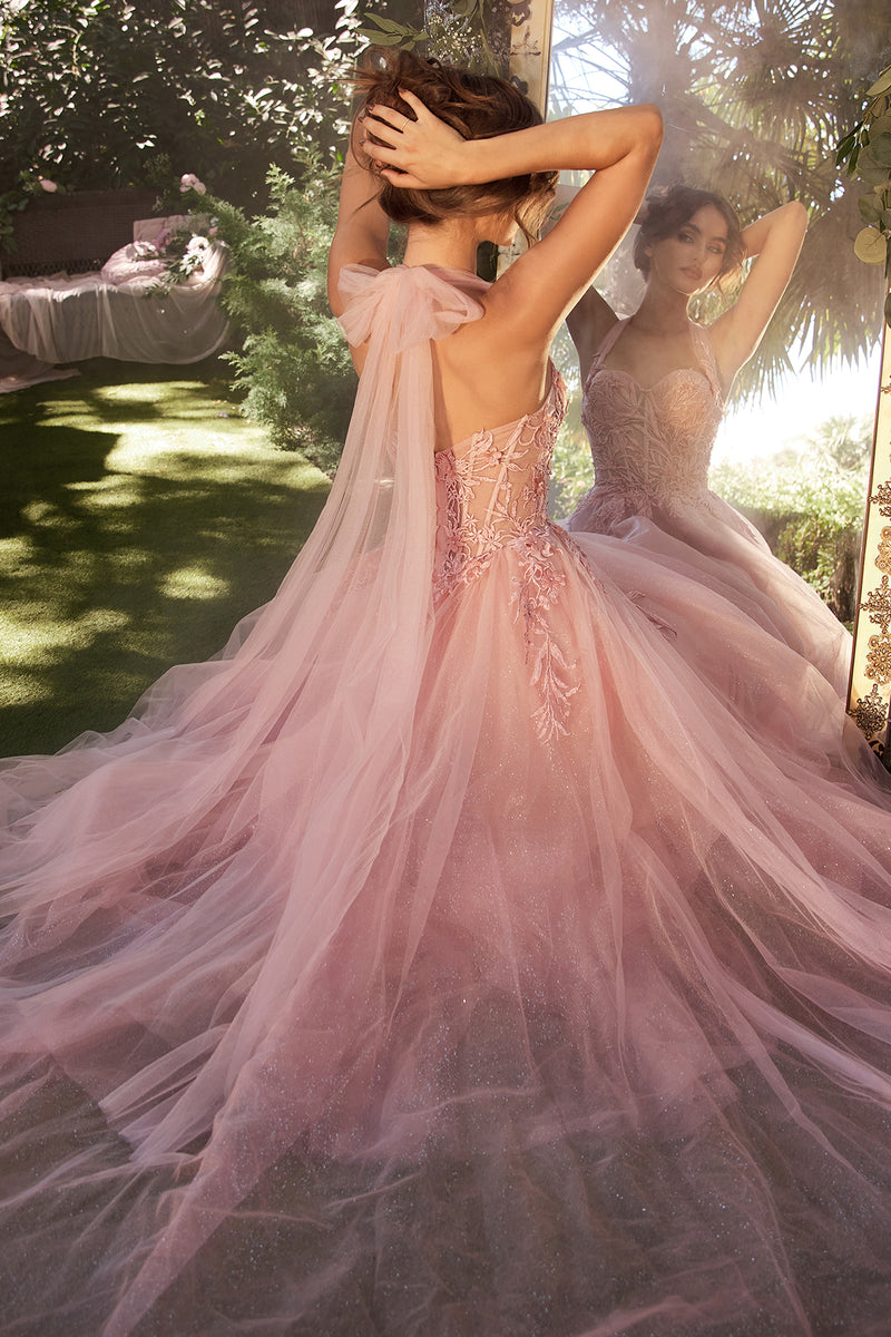Figure Flattering White Lace Pastel Pink Prom Dress - Promfy