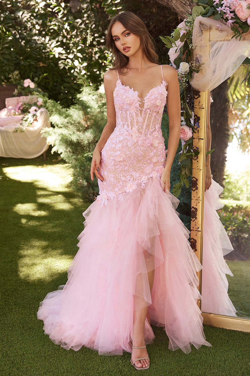 Andrea & Leo A1327 Blush Pink Lace & Tulle Slit Leg Mermaid Dress - NORMA REED