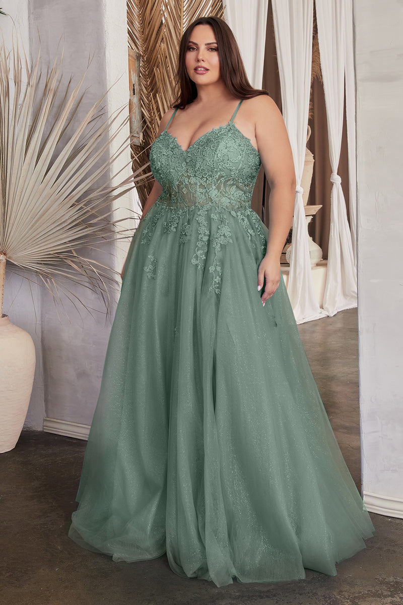 CD CD307C - Plus Size Stretch Glitter Fit & Flare Prom Gown with