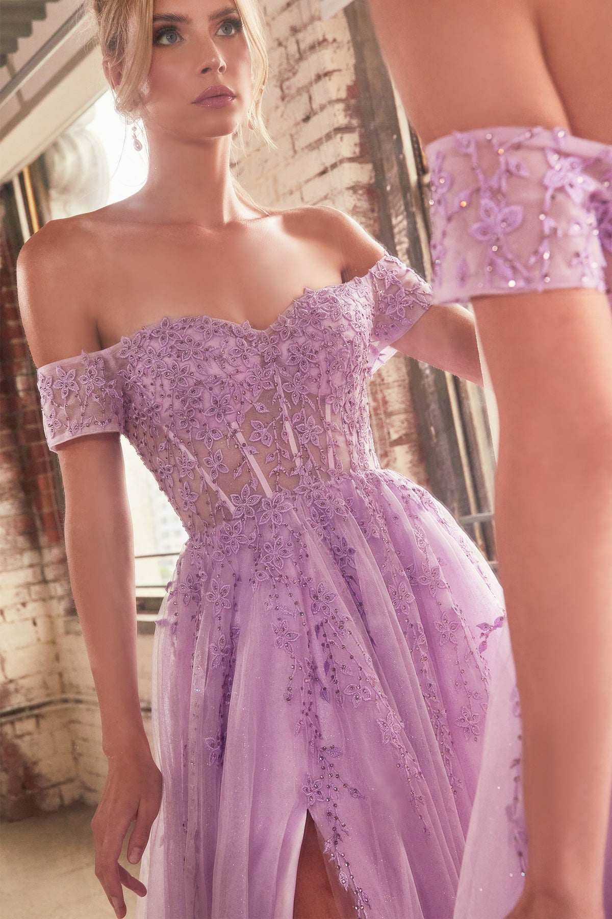 Cinderella Divine C154 Ladivine Off Shoulder Lace & Tulle A Line Dress - NORMA REED