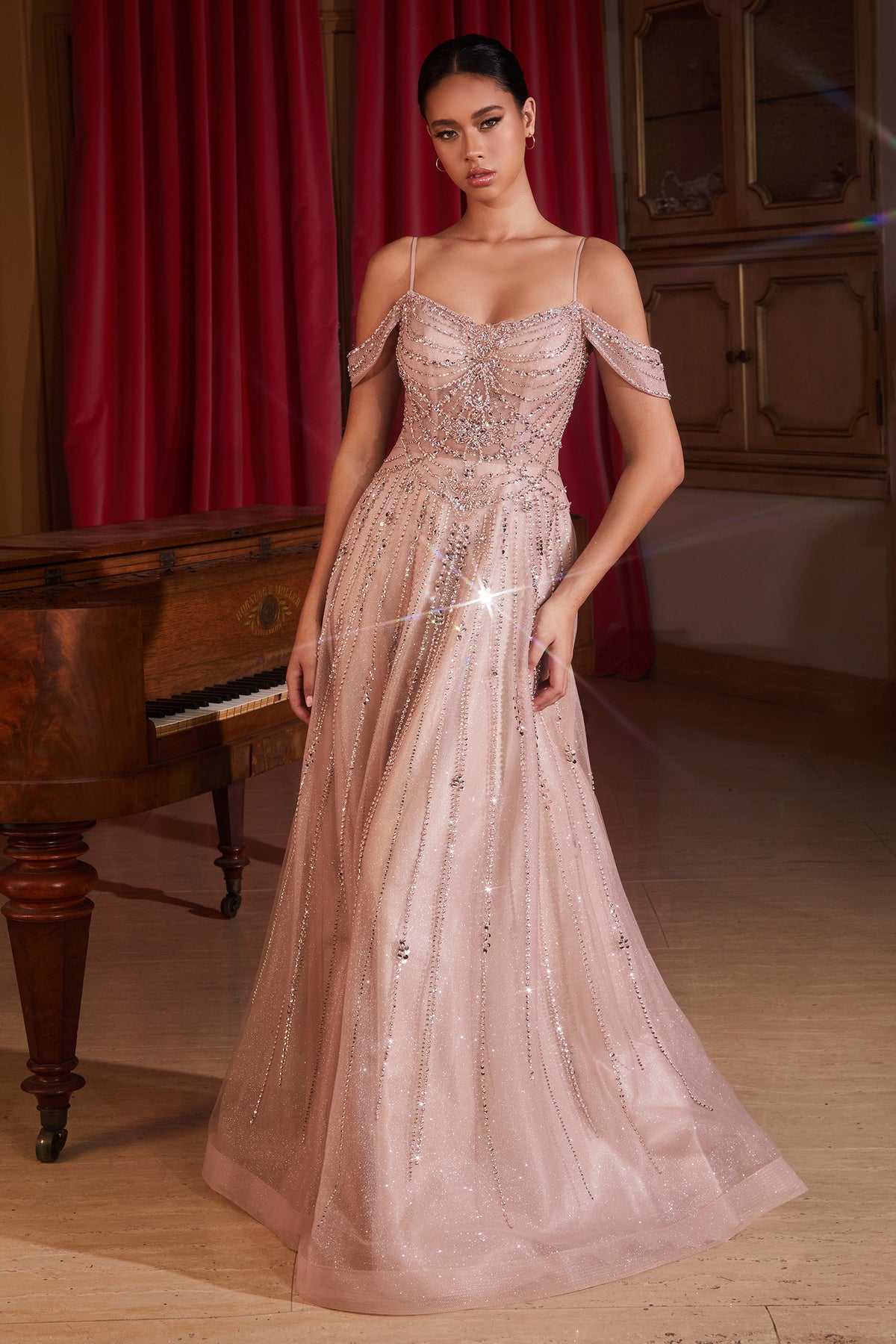 Cinderella Divine CB147 Ladivine Rose Champagne Crystal Beaded A-Line Tulle Gown - NORMA REED