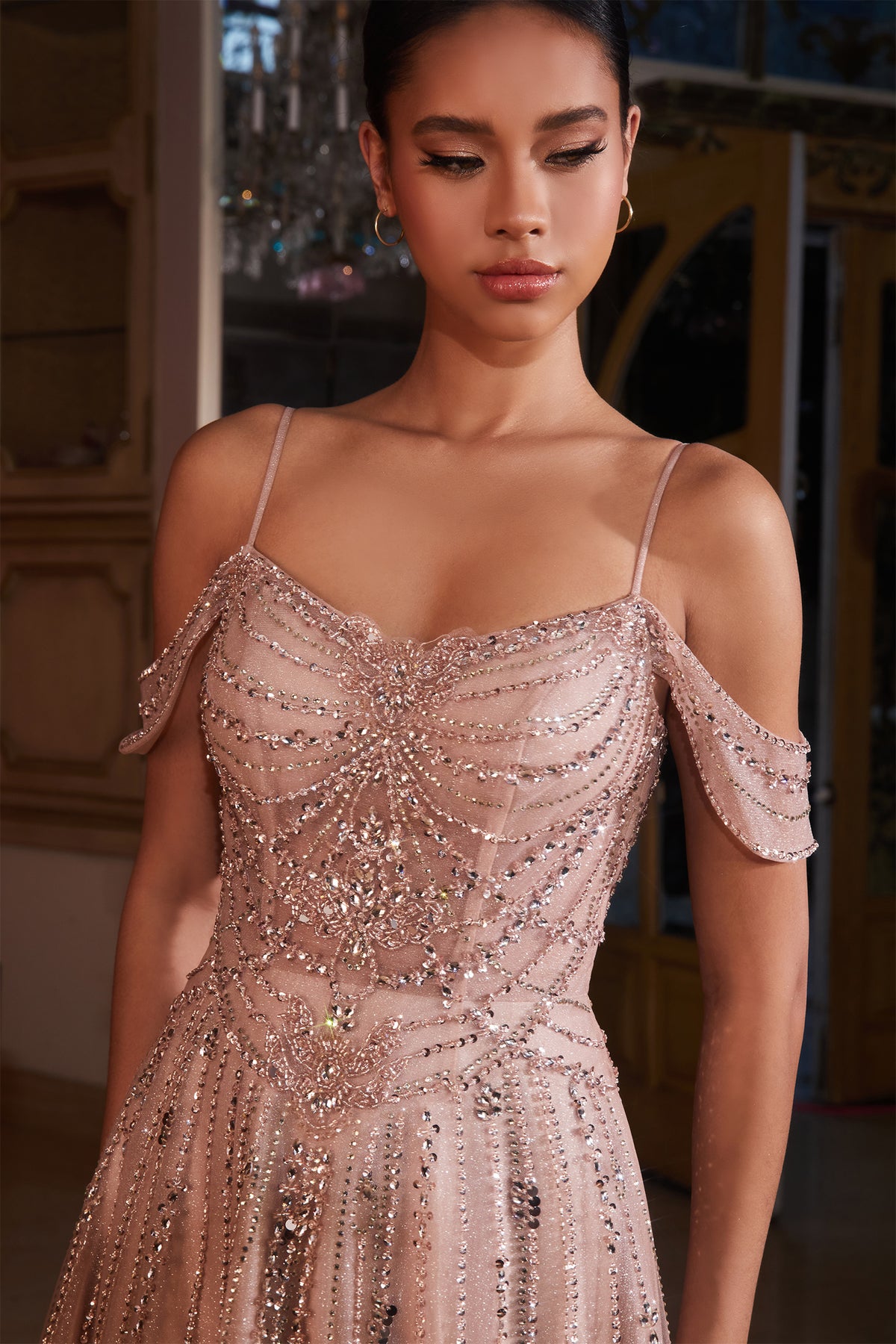 Cinderella Divine CB147 Ladivine Rose Champagne Crystal Beaded A-Line Tulle Gown - NORMA REED