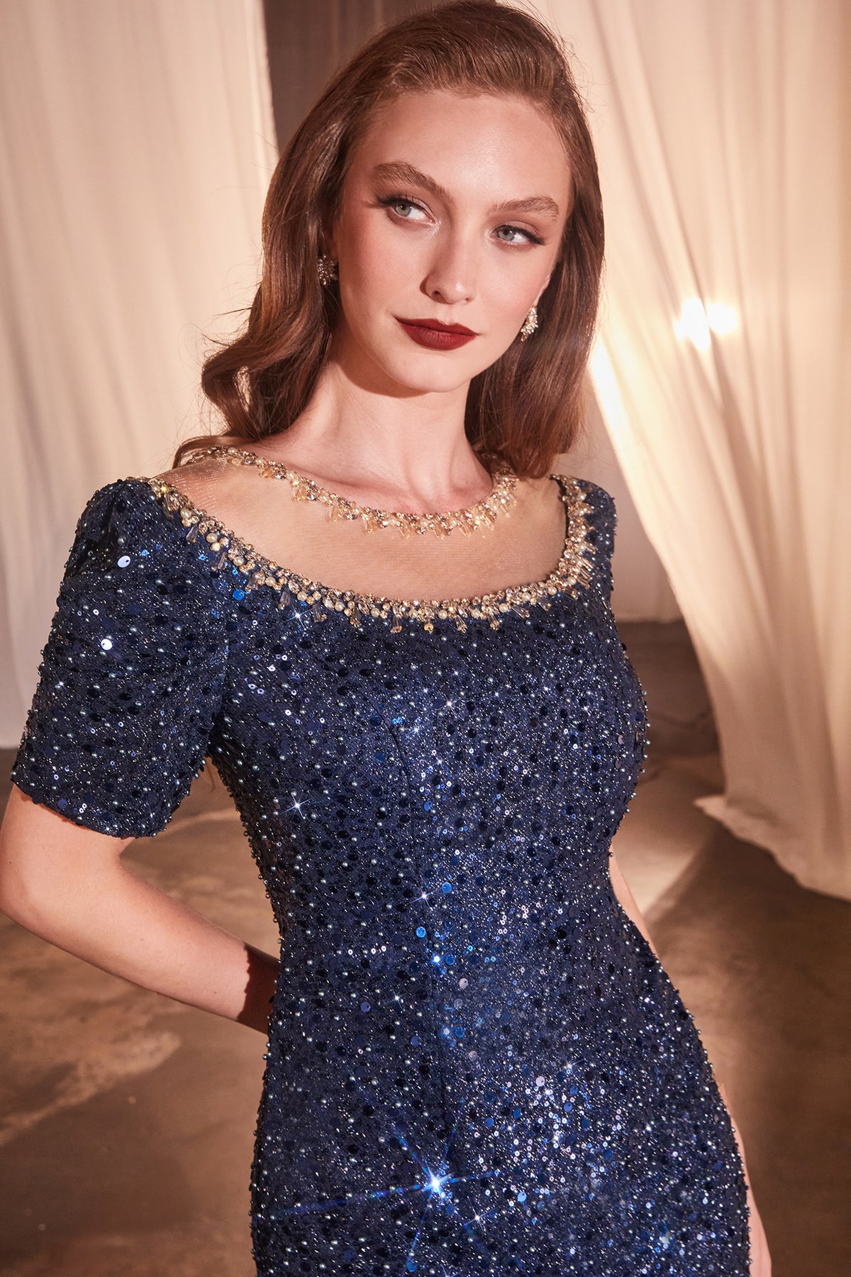 Cinderella Divine CB151 Cap Sleeve Fitted Sequin Gown