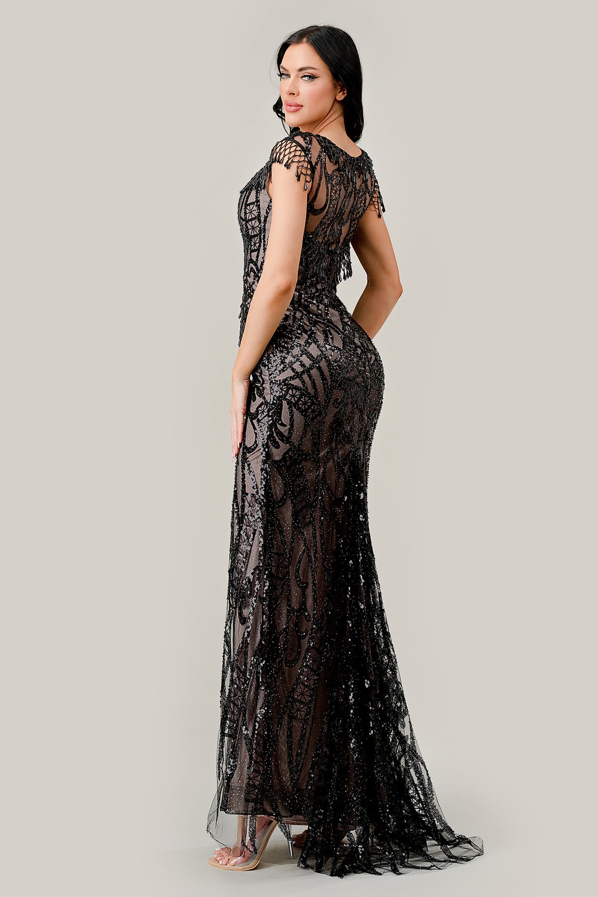 Cinderella Divine CC4007 Black Nude Sheath Sequin Gown - NORMA REED