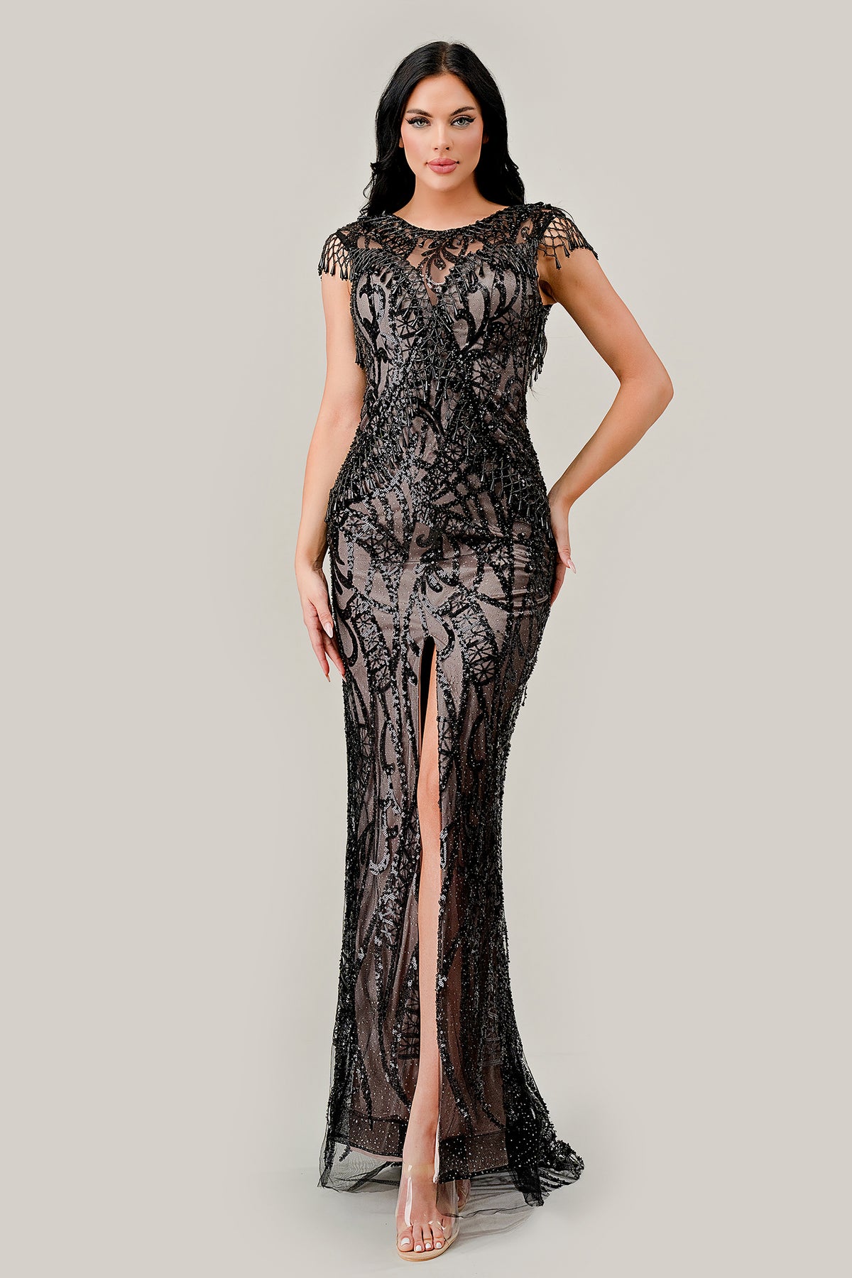 Cinderella Divine CC4007 Black Nude Sheath Sequin Gown