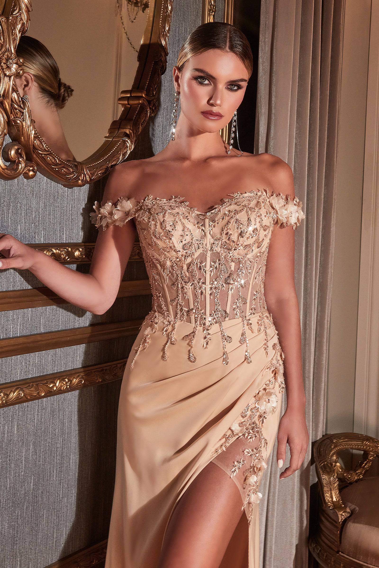 Cinderella Divine CD0186 Ladivine Off Shoulder Corset Slit Leg Dress