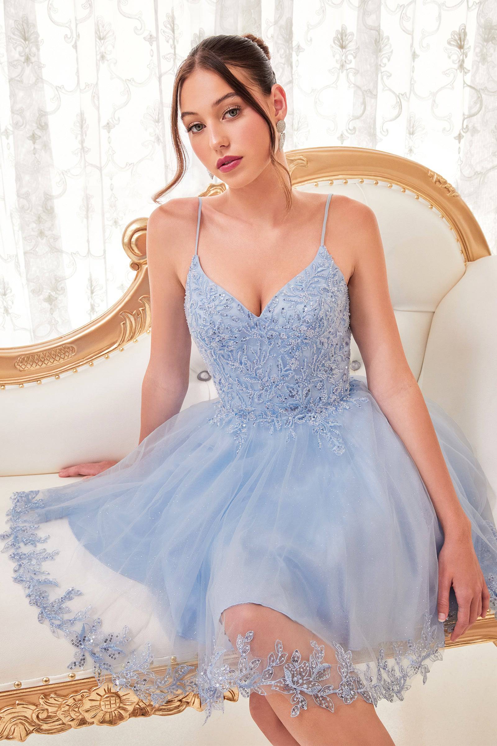 Cinderella Divine CD0213 Lace Embroidered Sparkling Blush Short Dress With Tulle Skirt XL Champagne