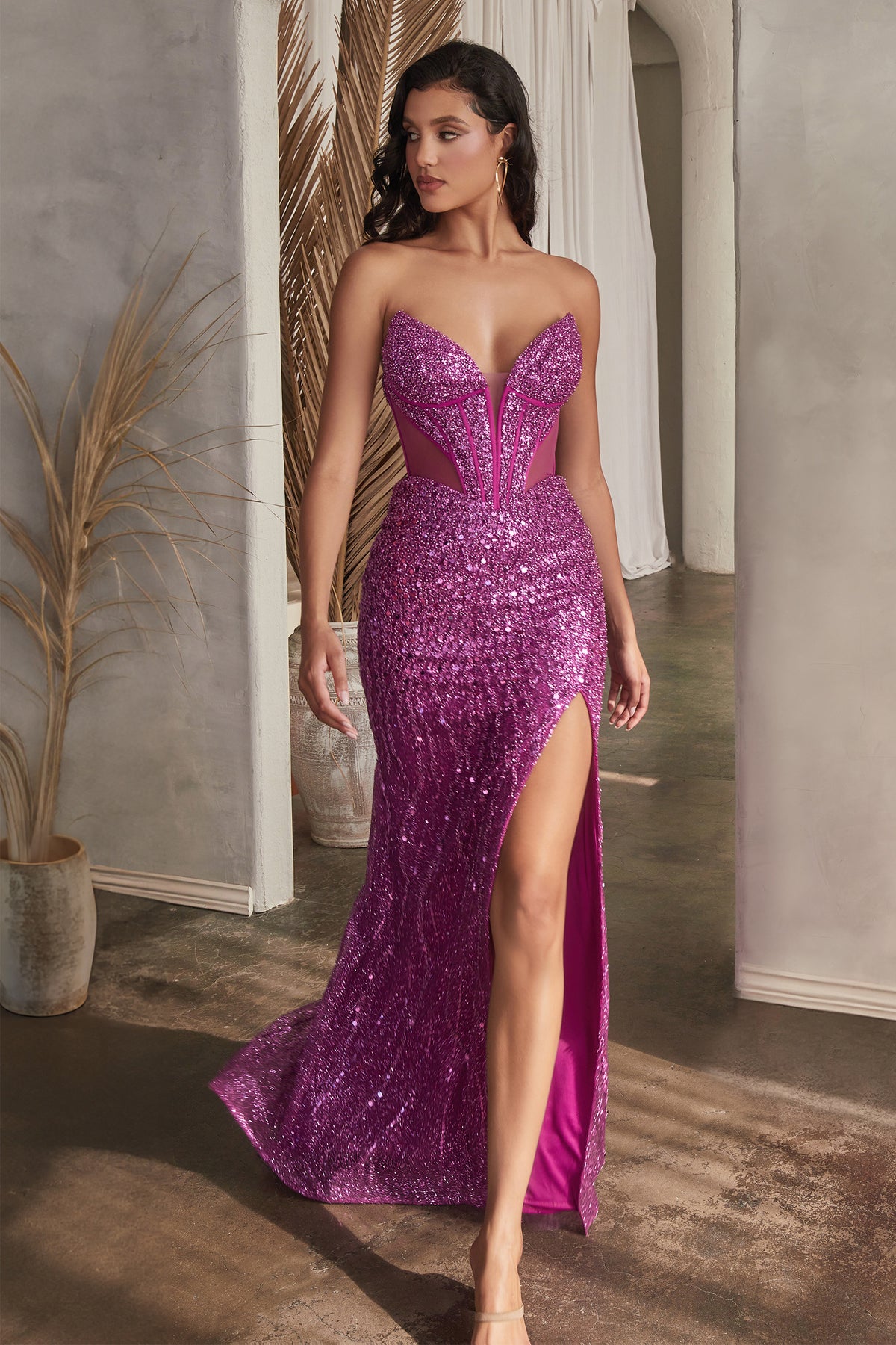 Cinderella Divine Fuchsia Glitter Strapless Corset Prom Gown