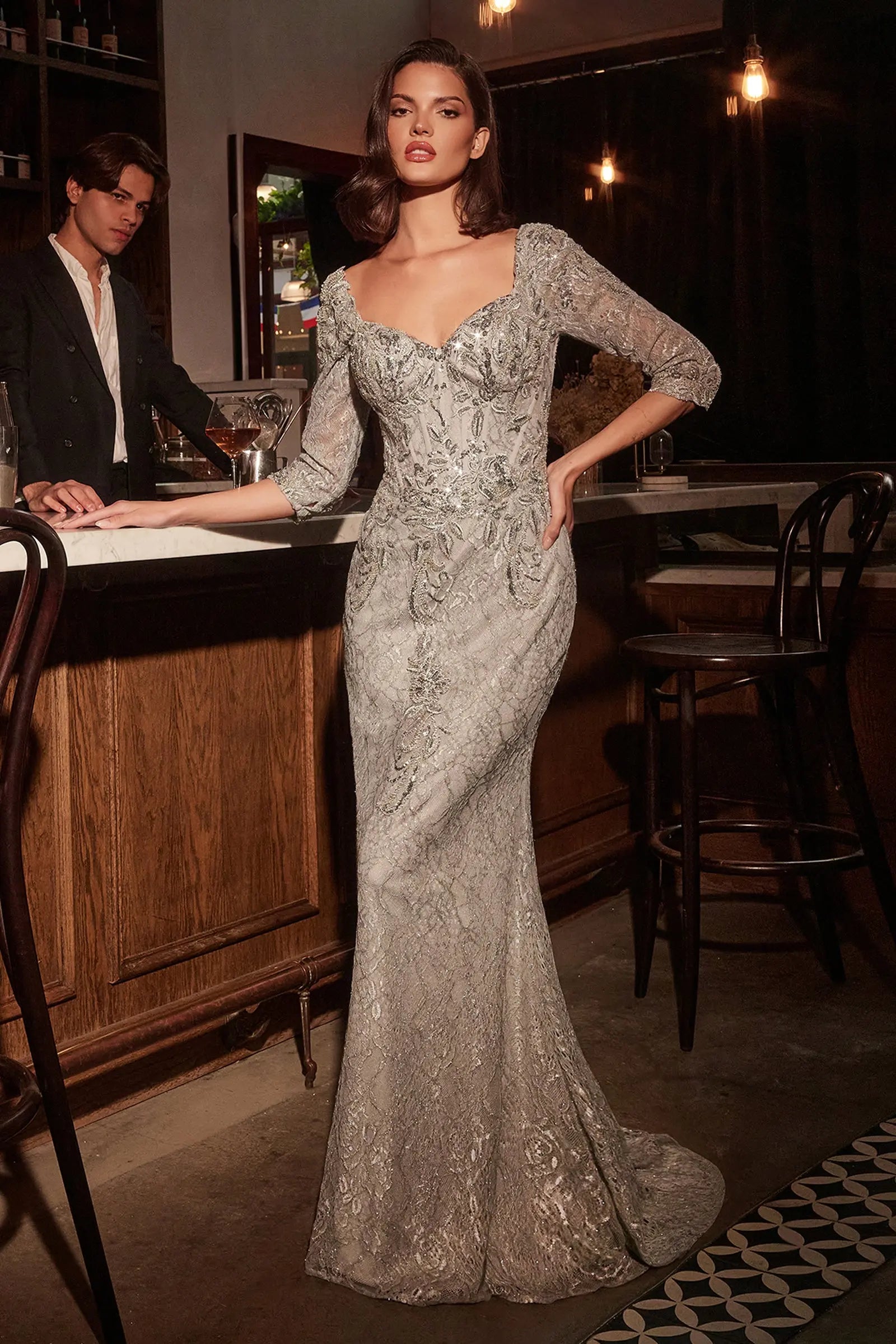 Ladivine CD749 Long Sleeve Lace Fitted Dress with Overskirt - NORMA