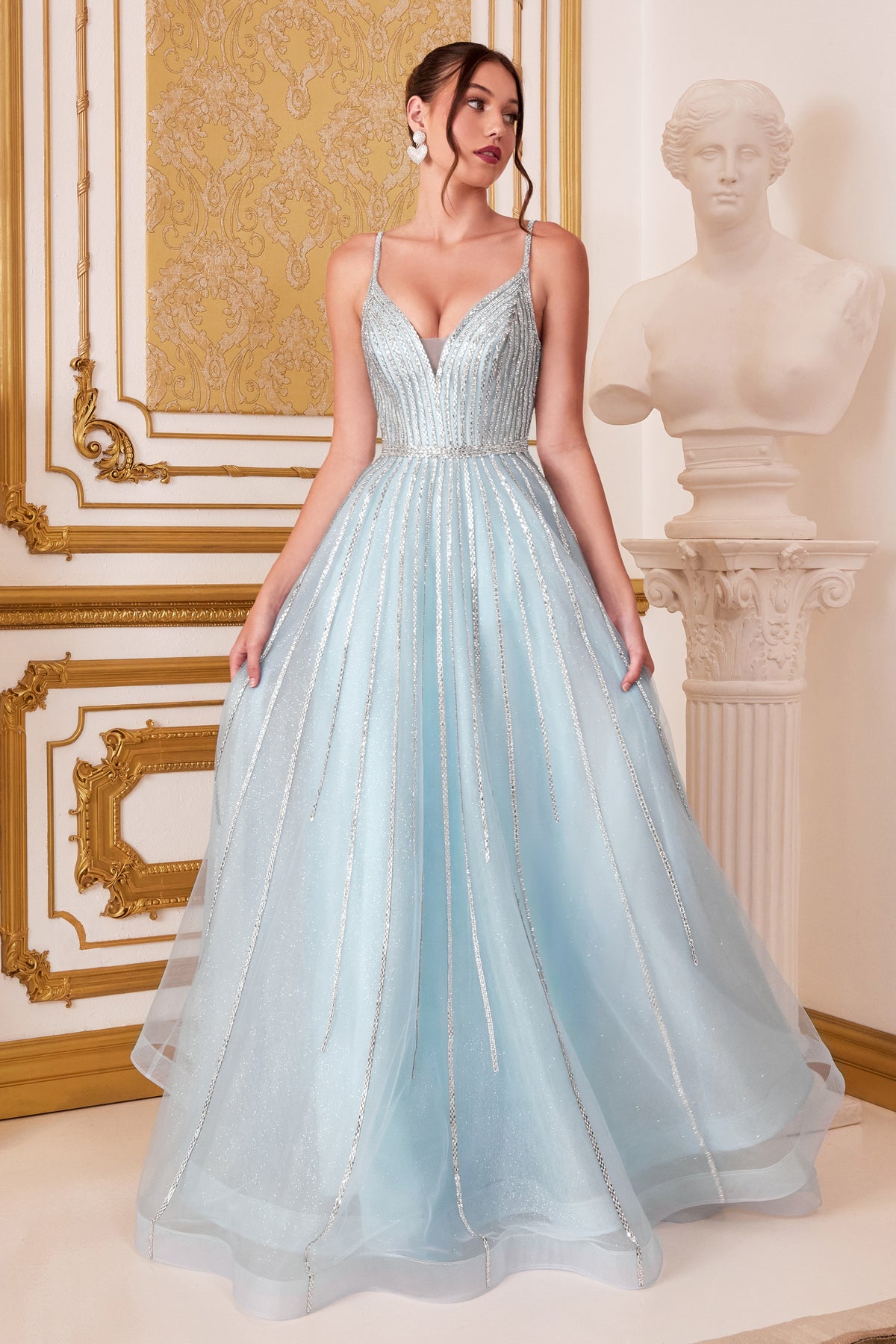 Elegant Long Gown with Deep Neckline and Shimmery Skirt Overlay Ladivine CD940 - NORMA REED