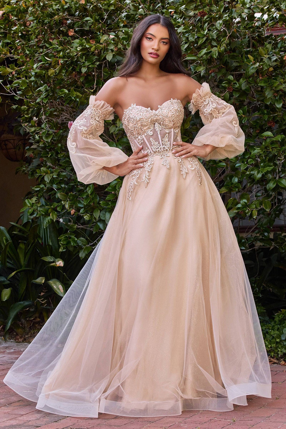 Cinderella Divine CD948 Opulent Off Shoulder Embroidered Gown with Puffy Sleeves - NORMA REED