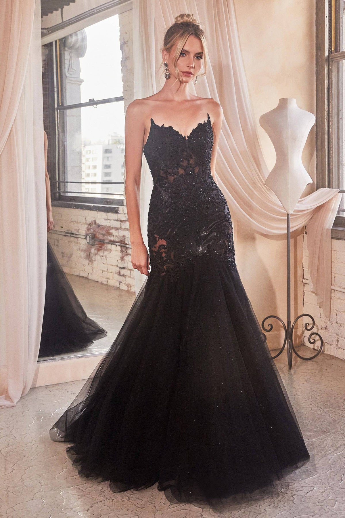 CD C148 - Lace & Tulle A-Line Prom Gown with Sheer Corset Bodice