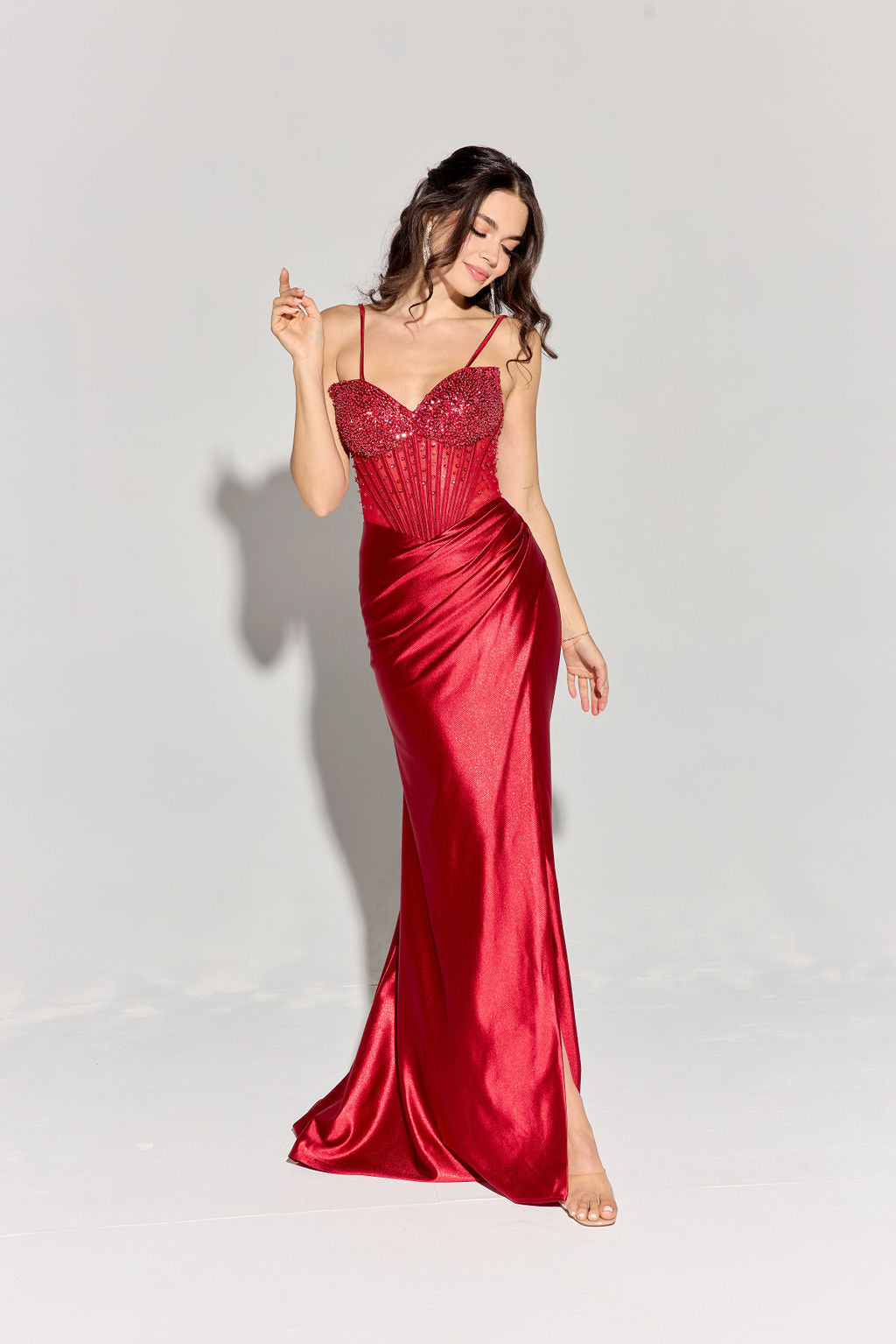 Eureka EK183 Strapless Slit Leg Sparkling Crystal Satin Dress