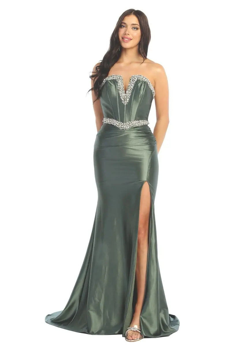 Cindy Collection 50496 Shining Crystal Bust Slit Leg Dress - NORMA REED