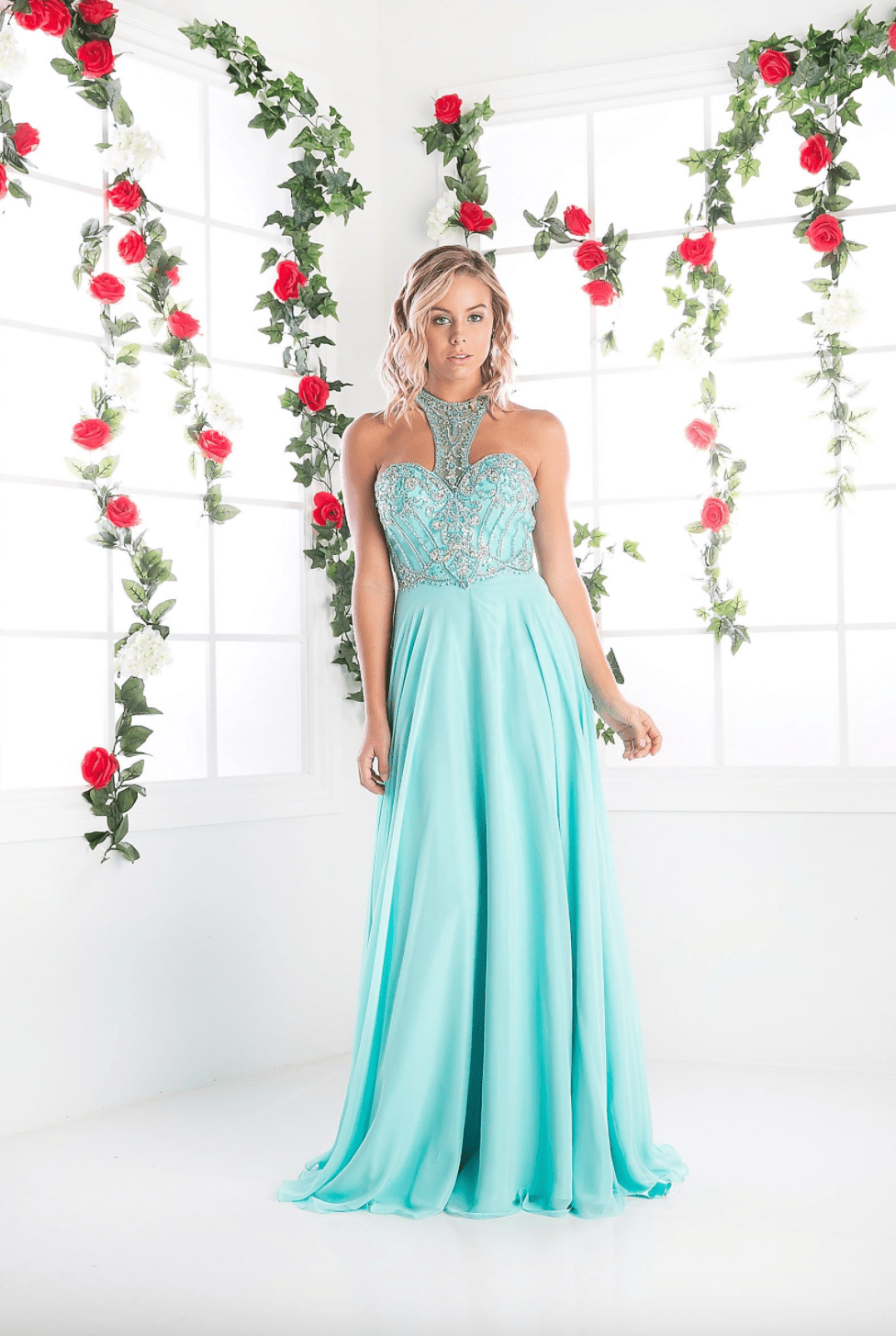 Strapless Crystal Mint Chiffon Long Dress By Cinderella Divine - NORMA REED
