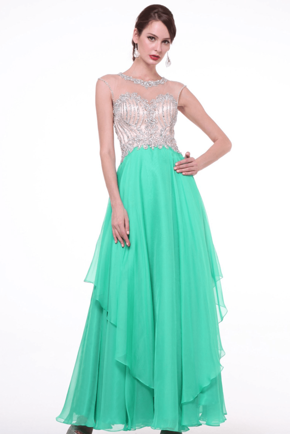 Green Chiffon Crystal Beaded Dress by Cinderella Divine - NORMA REED