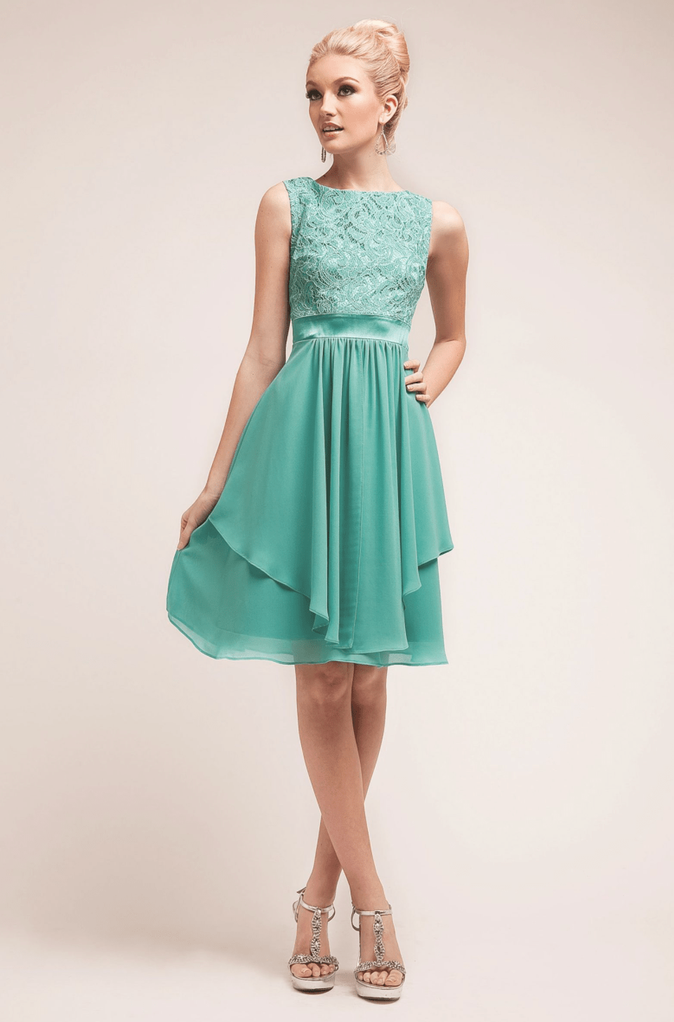 Turquoise Lace & Chiffon Short Dress by Cinderella Divine - NORMA REED