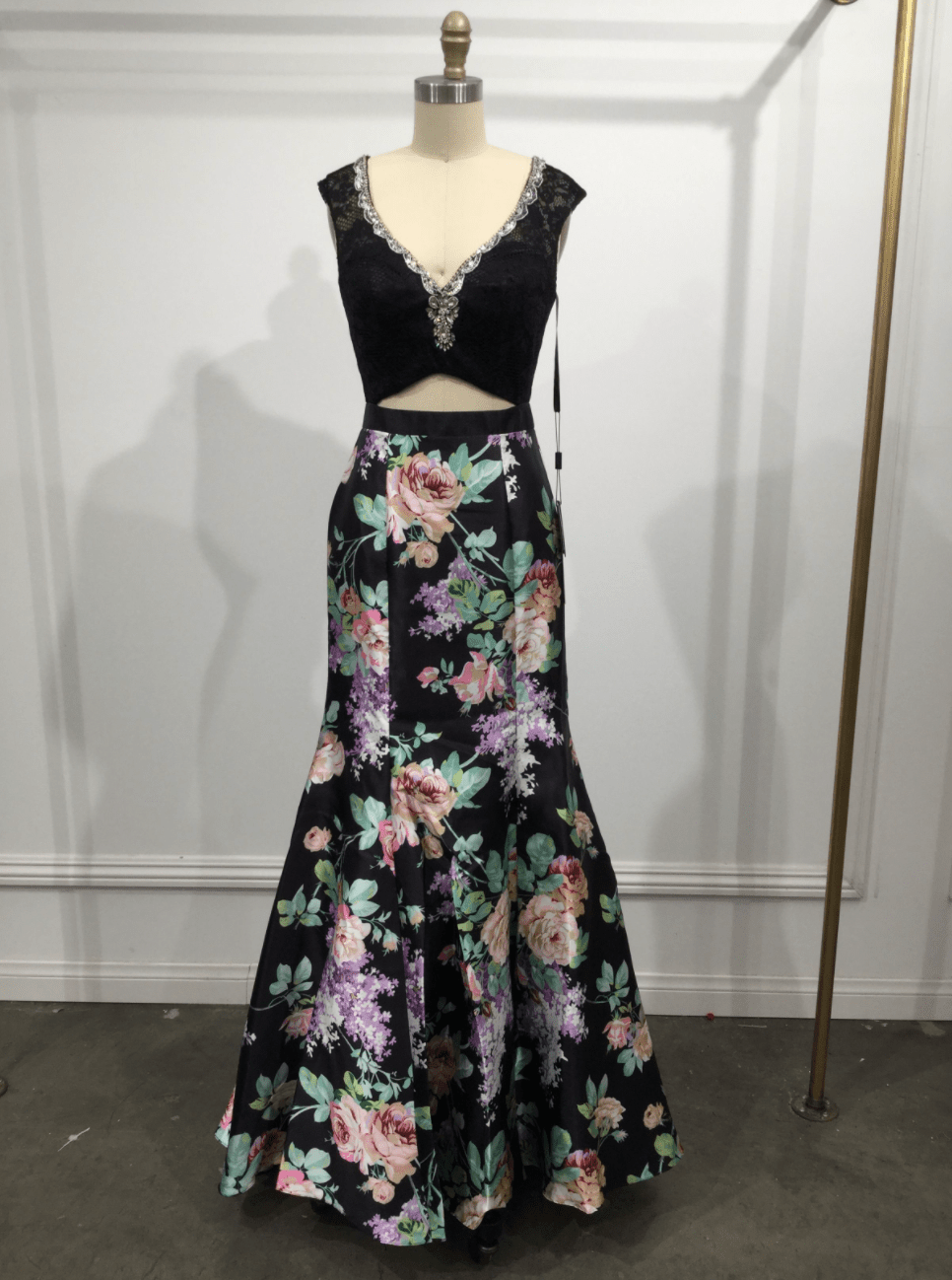 Satin floral prom deals dress