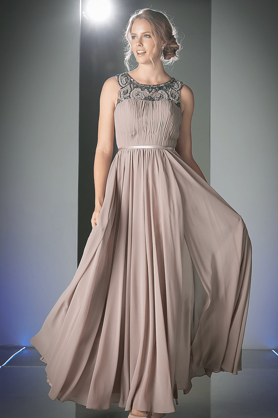 Khaki Beaded Chiffon Empire Waist Dress by Cinderella Divine - NORMA REED