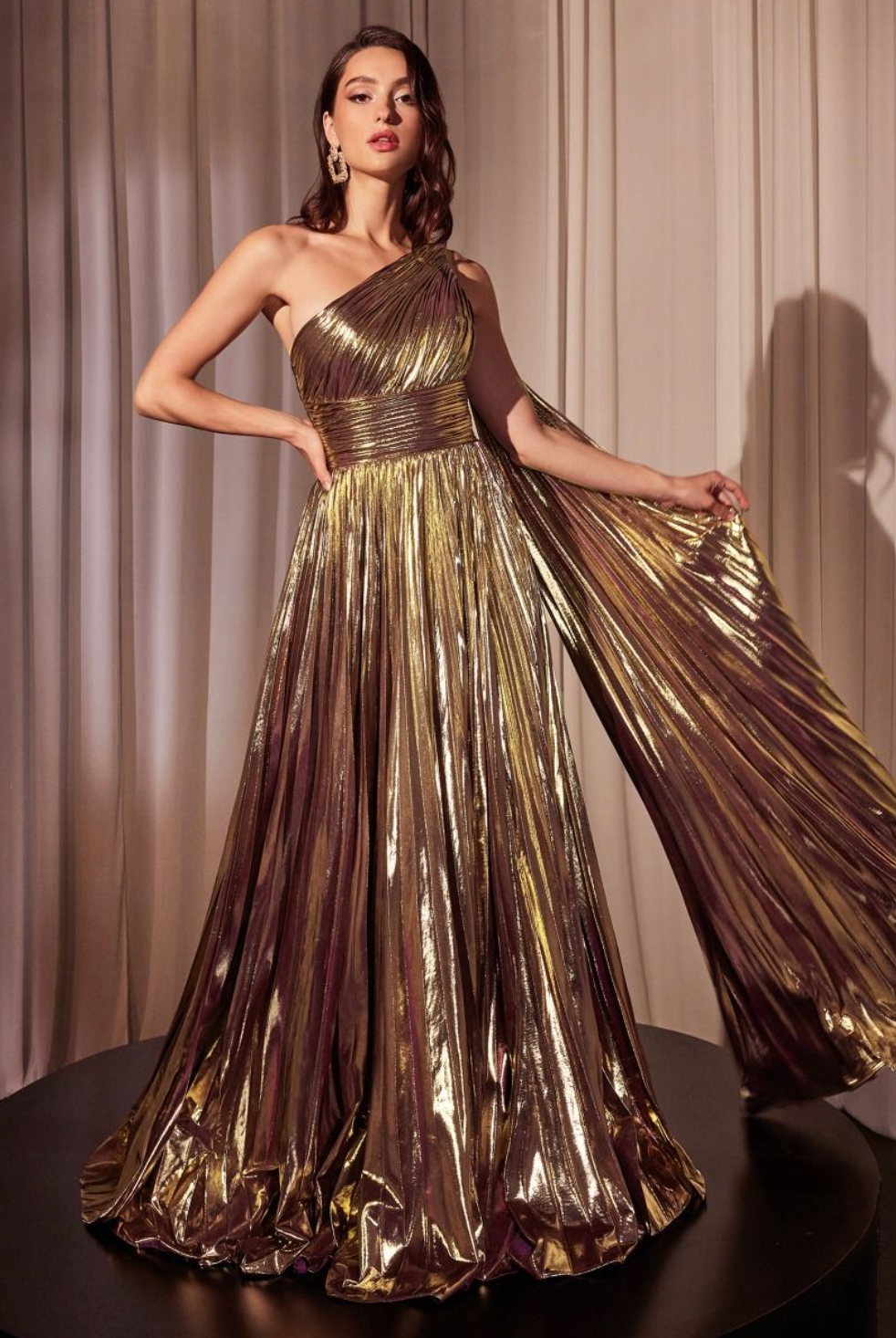 Cinderella Divine J874 One Shoulder Metallic Pleated Dress