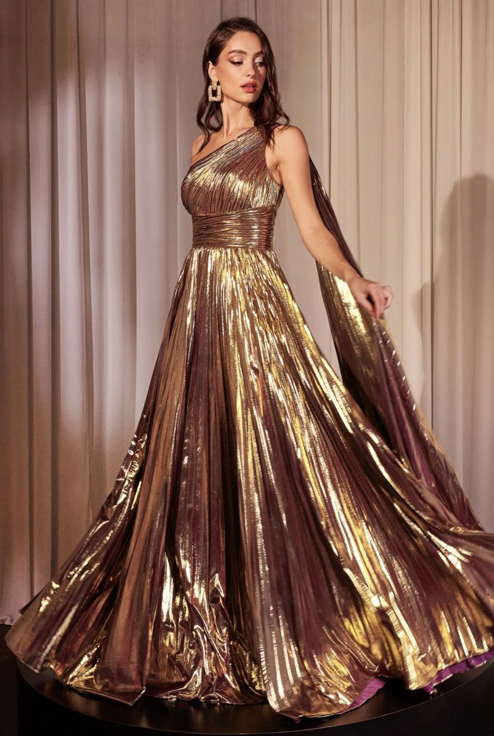 Cinderella Divine J874 One Shoulder Metallic Pleated Dress