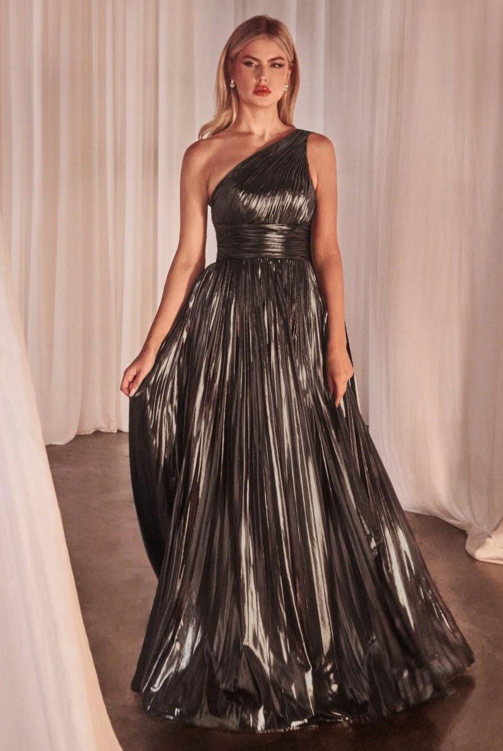 Cinderella Divine J874 One Shoulder Metallic Pleated Dress