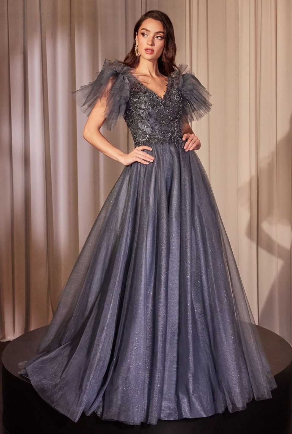 Cinderella Divine CM359 Midnight Blue Embellished Tulle A Line Gown