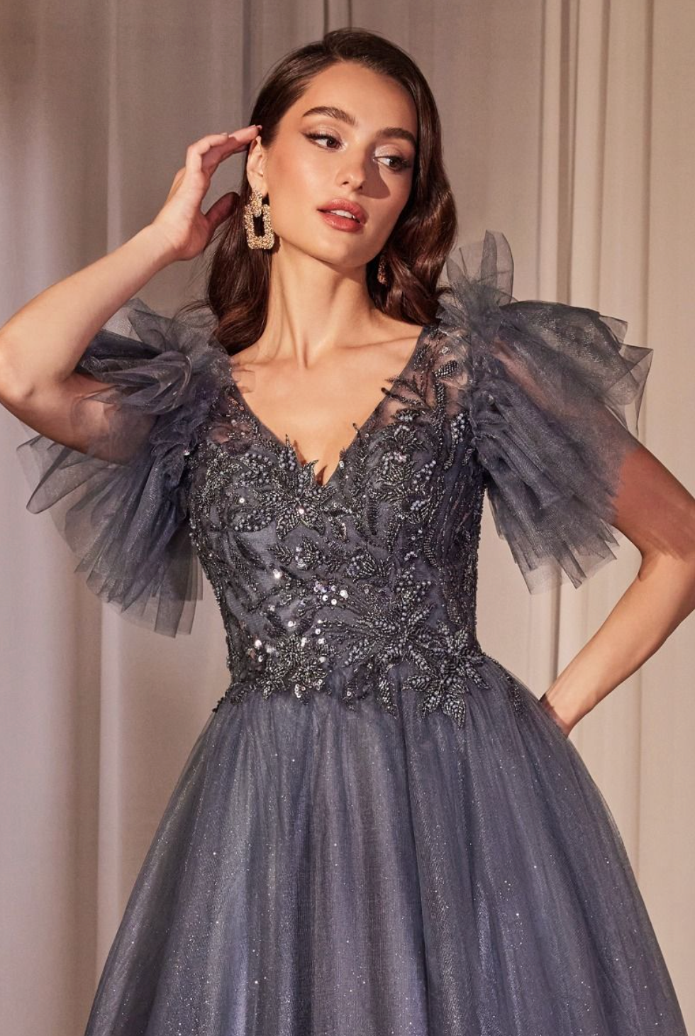 Cinderella Divine CM359 Midnight Blue Embellished Tulle A Line Gown