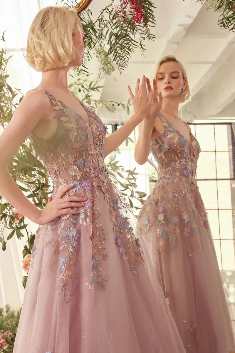 Andrea & Leo A1394 Mauve Floral A Line Gown - NORMA REED