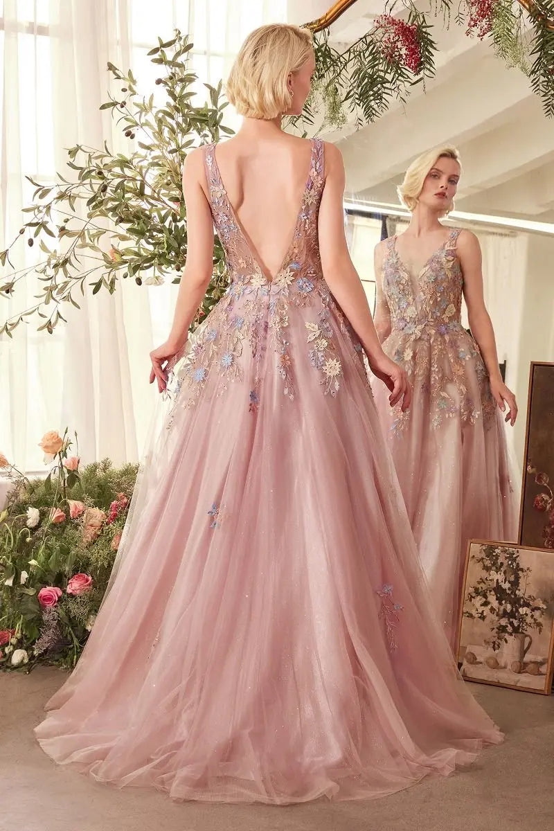 Andrea & Leo A1394 Mauve Floral A Line Gown - NORMA REED