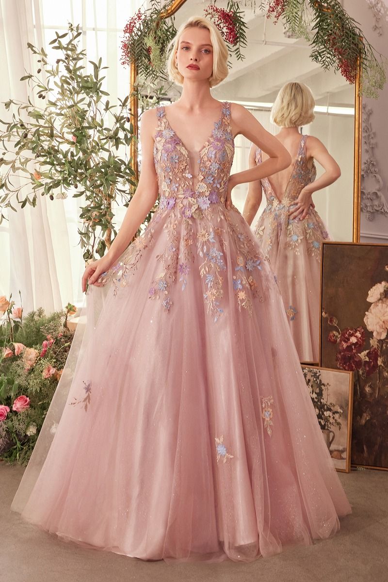 Andrea & Leo A1394 Mauve Floral A Line Gown