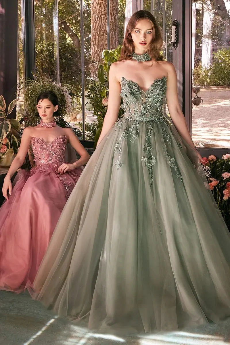 enchanted garden prom dress Heuloria 3D Floral Appliqu Tulle - Whimsical A-Line Formal Gown ED-585 Unique sage flowy tulle floor length gown Enchanted Garden Prom Dress -