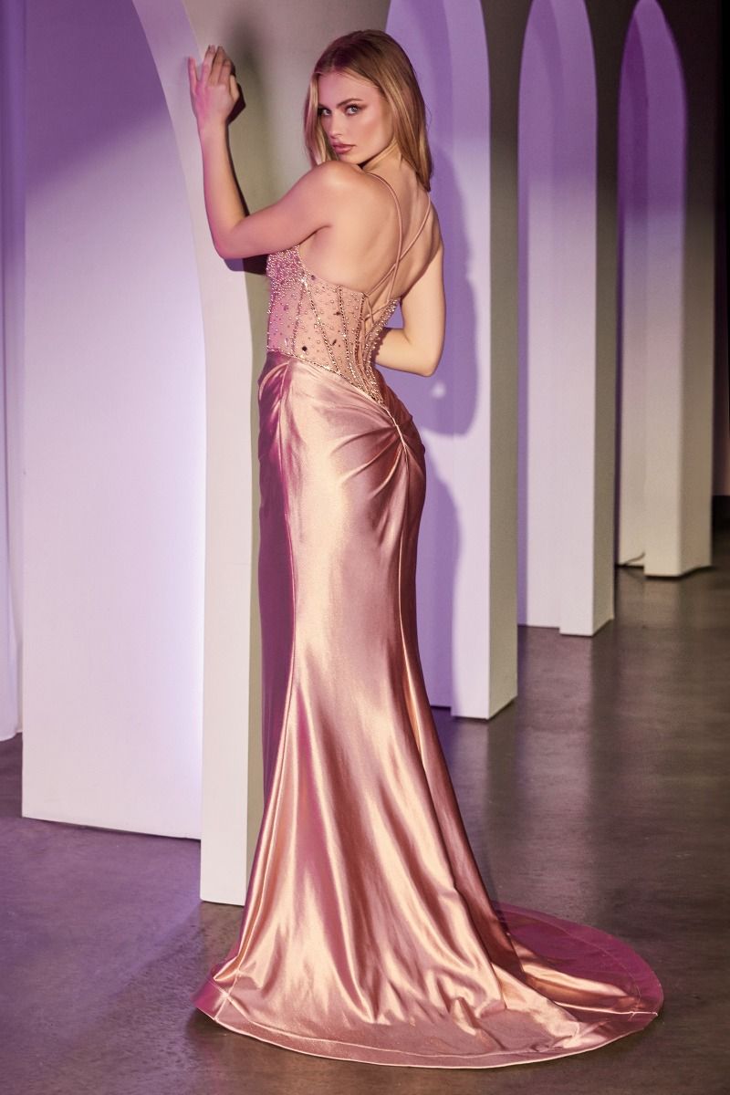 Ladivine CC8884 Fitted Rose Gold Crystal Beaded Satin Dress