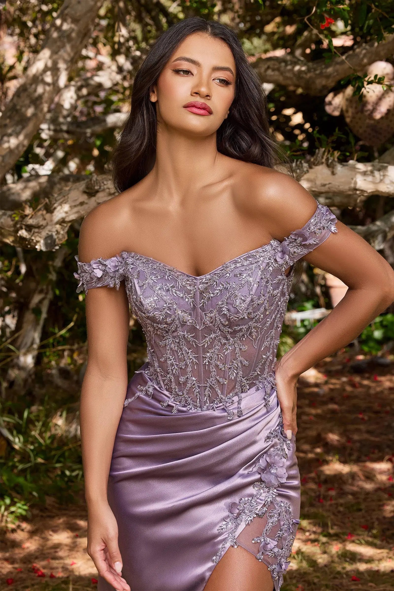 Cinderella Divine CD0186 Ladivine Off Shoulder Corset Slit Leg Dress -