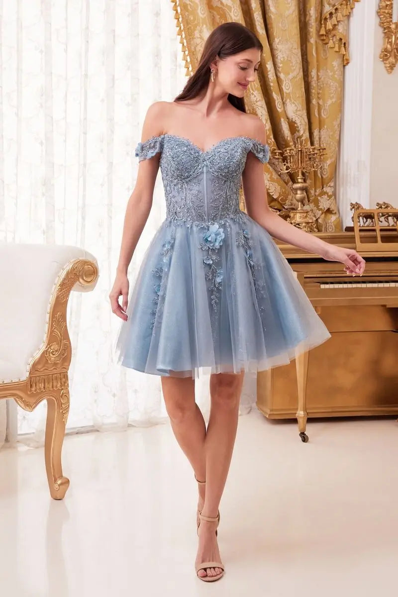 Cinderella Divine CD0194 Sparkling Lace Off Shoulder Short Dress -