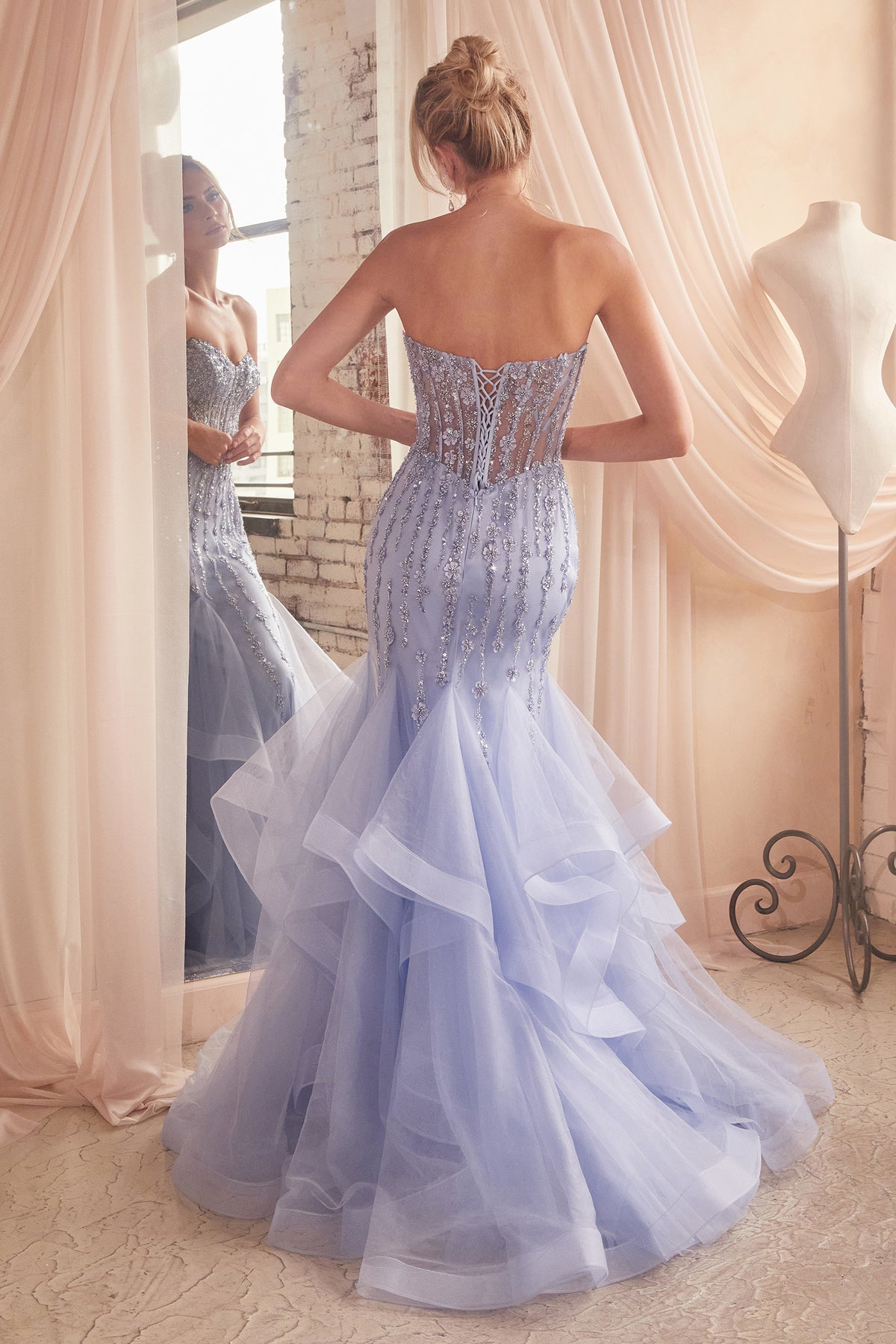 Cinderella Divine CD332 Ladivine Strapless Sequin & Stone Tiered Mermaid Gown - NORMA REED