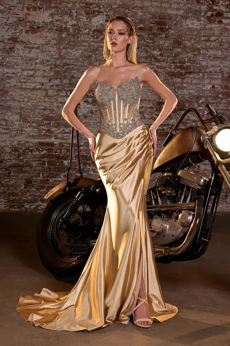 Ladivine CD736 Crystal Strapless Satin Fitted Dress