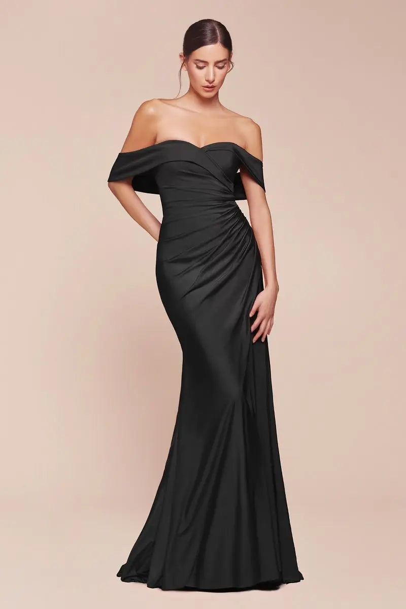 dress Ladivine CD790 Off Shoulder Stretch Spandex Satin Leg Slit Dress -