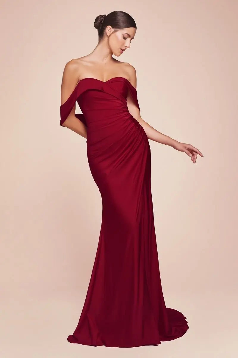 Ladivine CD790 Off Shoulder Stretch Spandex Satin Leg Slit Dress -