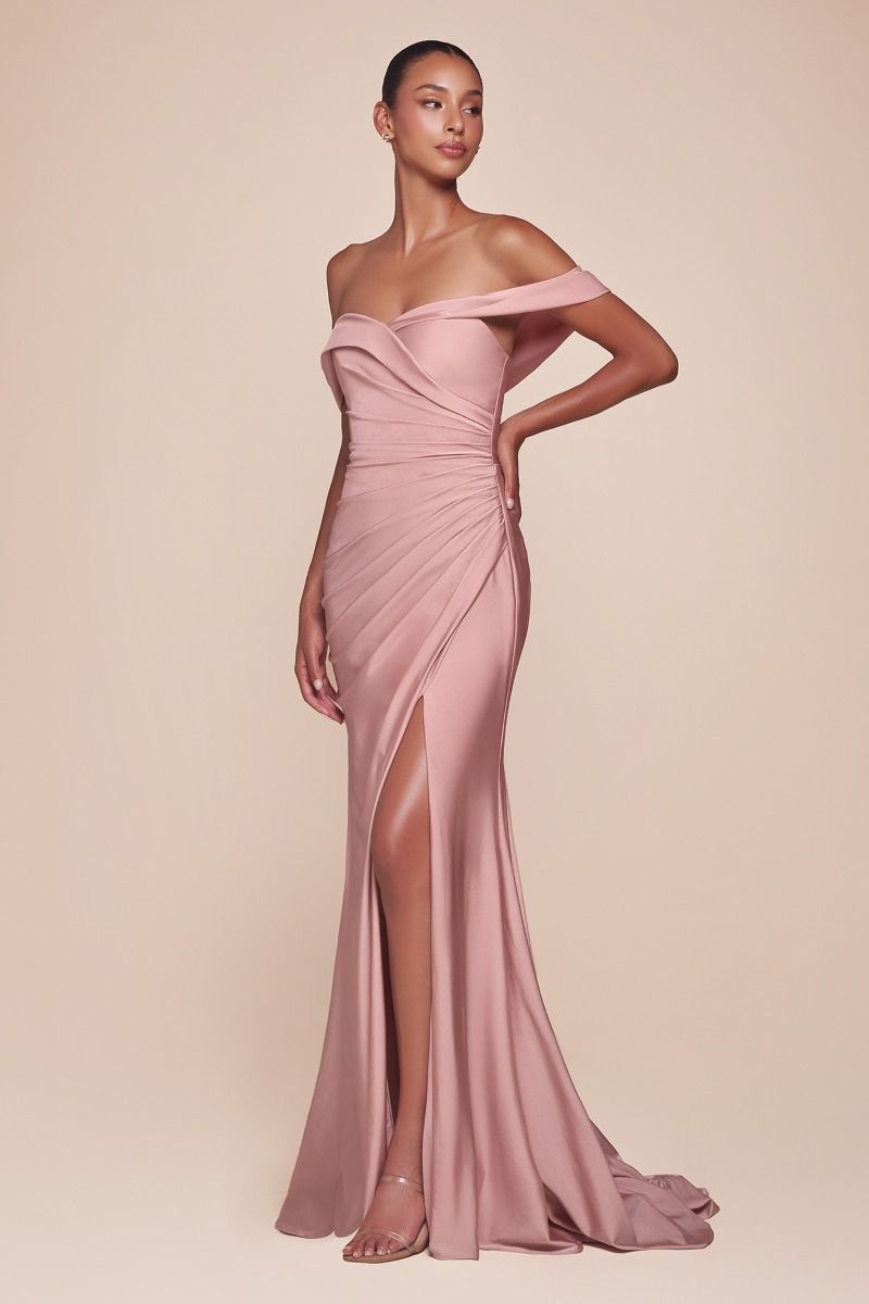 Ladivine CD790C Off Shoulder Stretch Spandex Satin Leg Slit Dress - NORMA REED