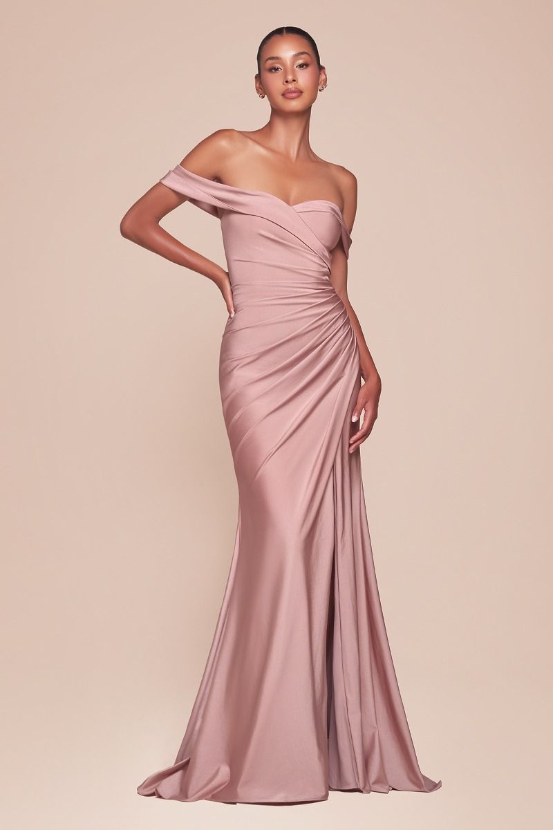 Ladivine CD790C Off Shoulder Stretch Spandex Satin Leg Slit Dress - NORMA REED