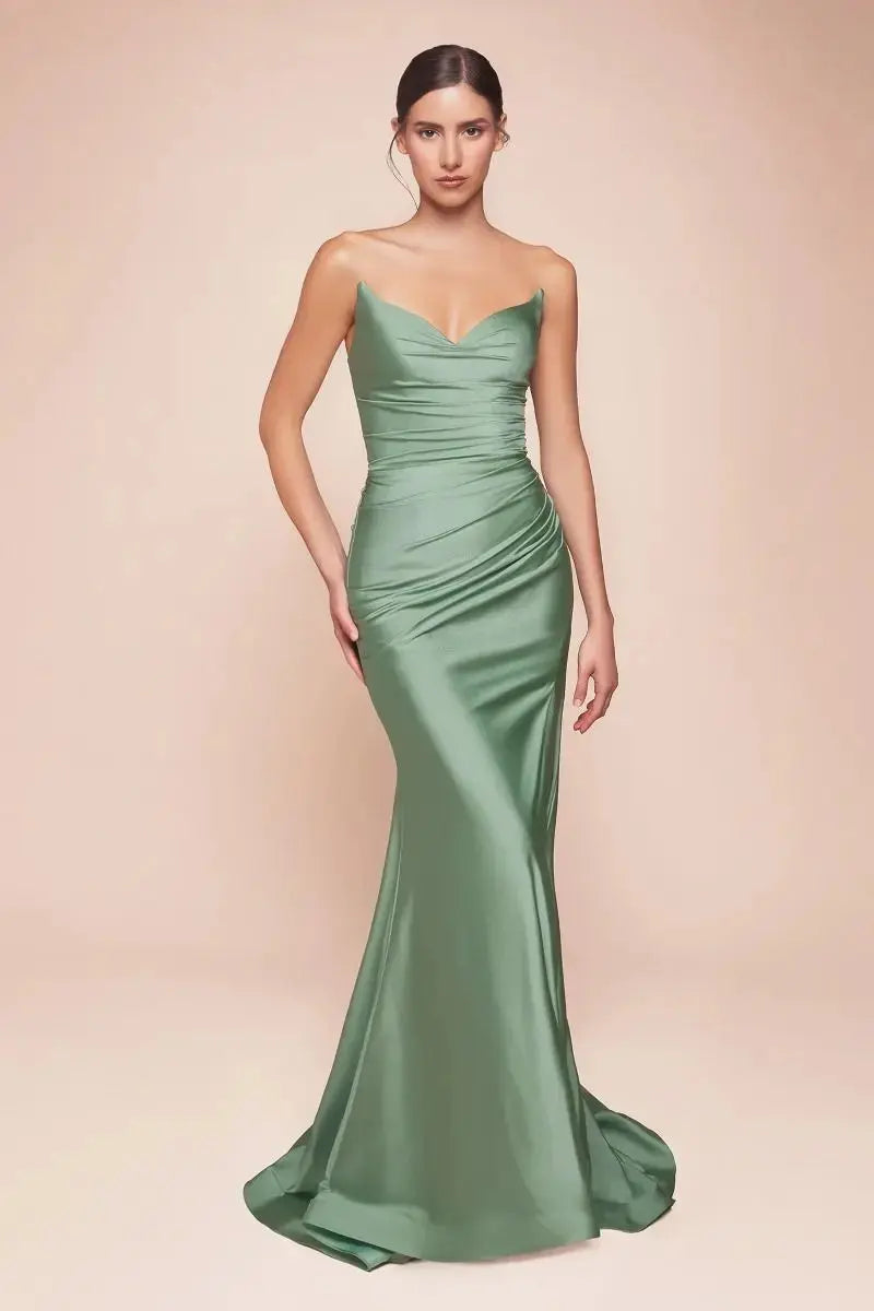 Ladivine CD791 Strapless Stretch Spandex Satin V Neck Dress - NORMA